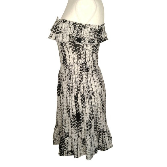OP Cotton Modal Off Shoulder Smocked Ruffle Dress Black White Print‎ S 3-5 - Picture 2 of 8